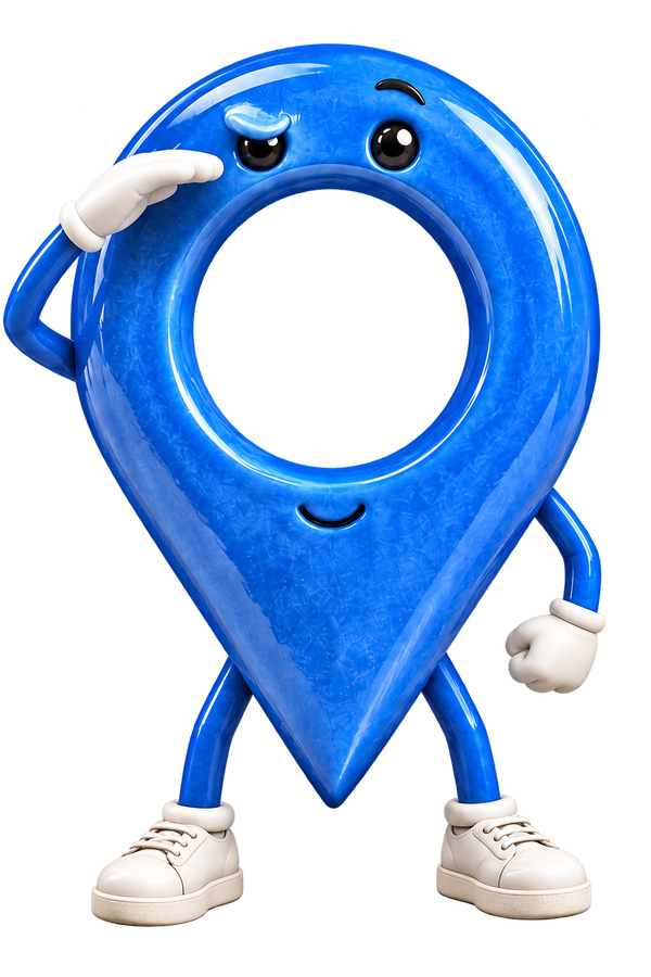 A curious blue map-pin character looking out for somewhere good.