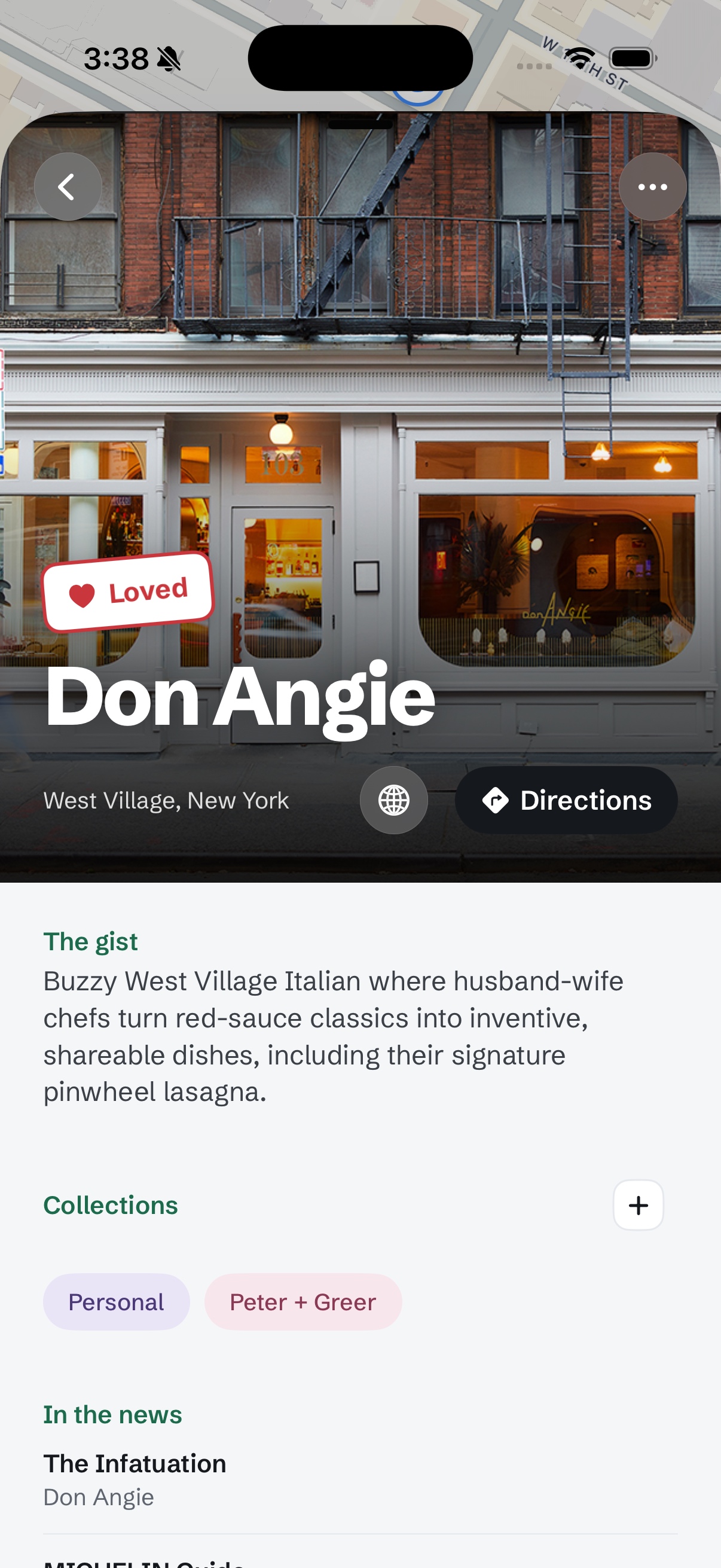 A saved Don Angie restaurant page in Sauntered, with its location, Loved status, notes and collections.