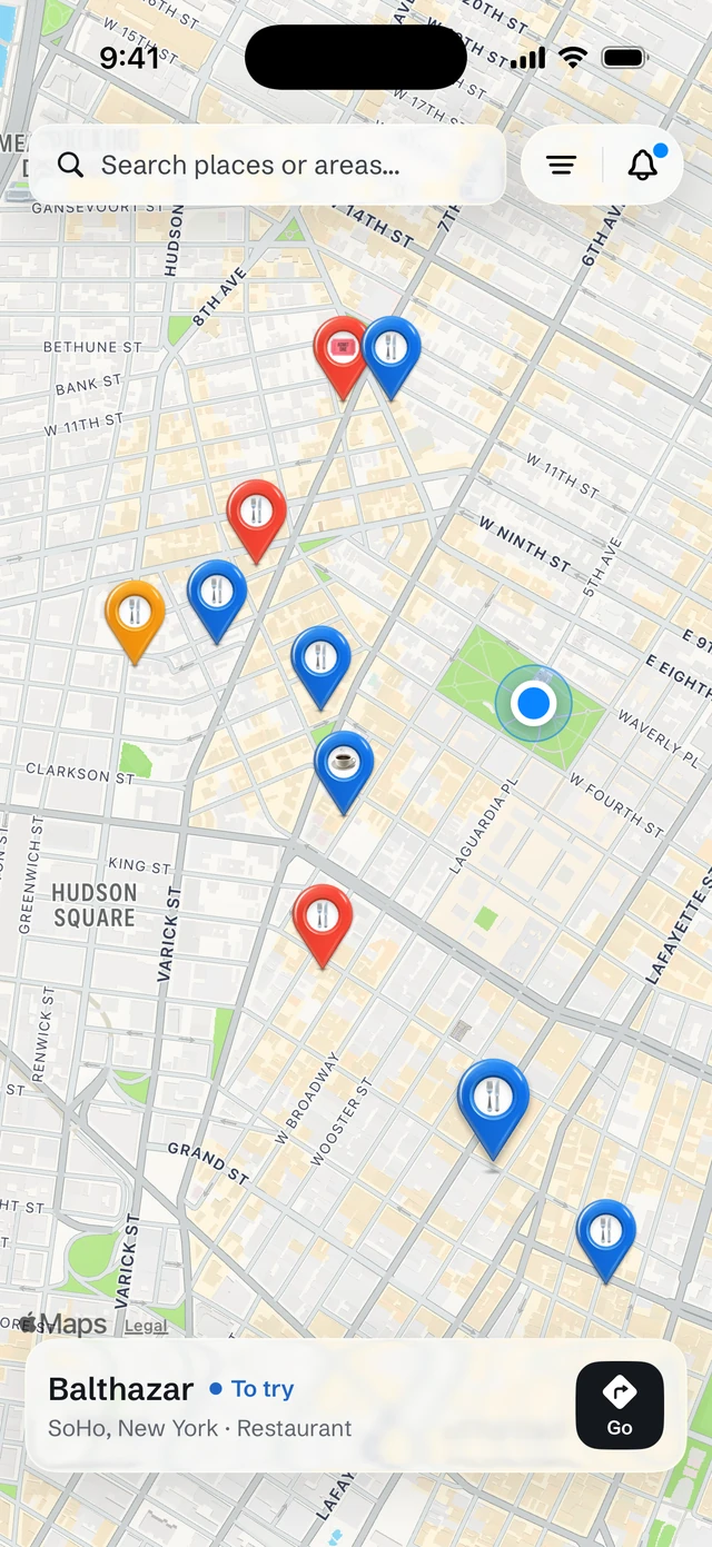 Balthazar’s new To try pin on the Sauntered map of SoHo and Greenwich Village, its card open at the foot, among places pinned in To try blue, Liked amber and Loved red.