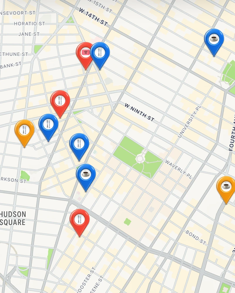 A Sauntered map of lower Manhattan, each place pinned in the color of how it was.