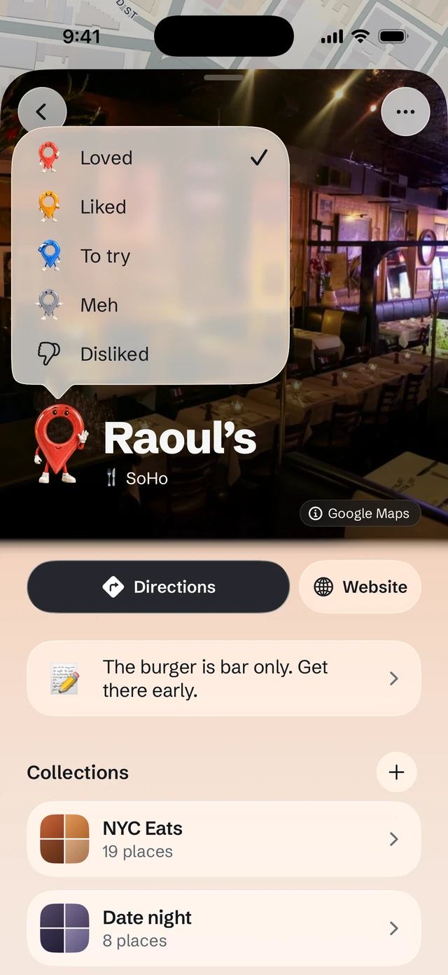 Raoul’s page in Sauntered with the how-was-it menu open: Loved, Liked, To try, Meh or Disliked. Loved is checked.
